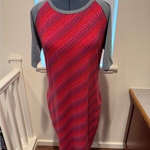 Red Julia Patterned Raglan Sleeve Dress with Gray Sleeves